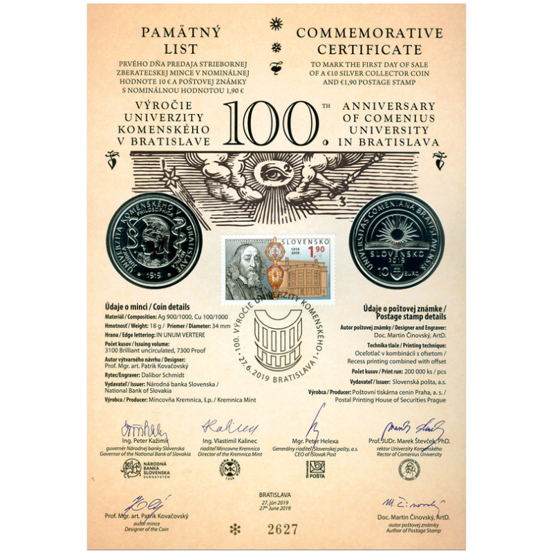 Numizmatický pamätný list: 100. výročie Univerzity Komenského 