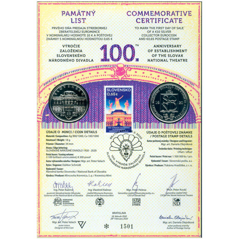 Numizmatický pamätný list: 100. výročie založenia SND 