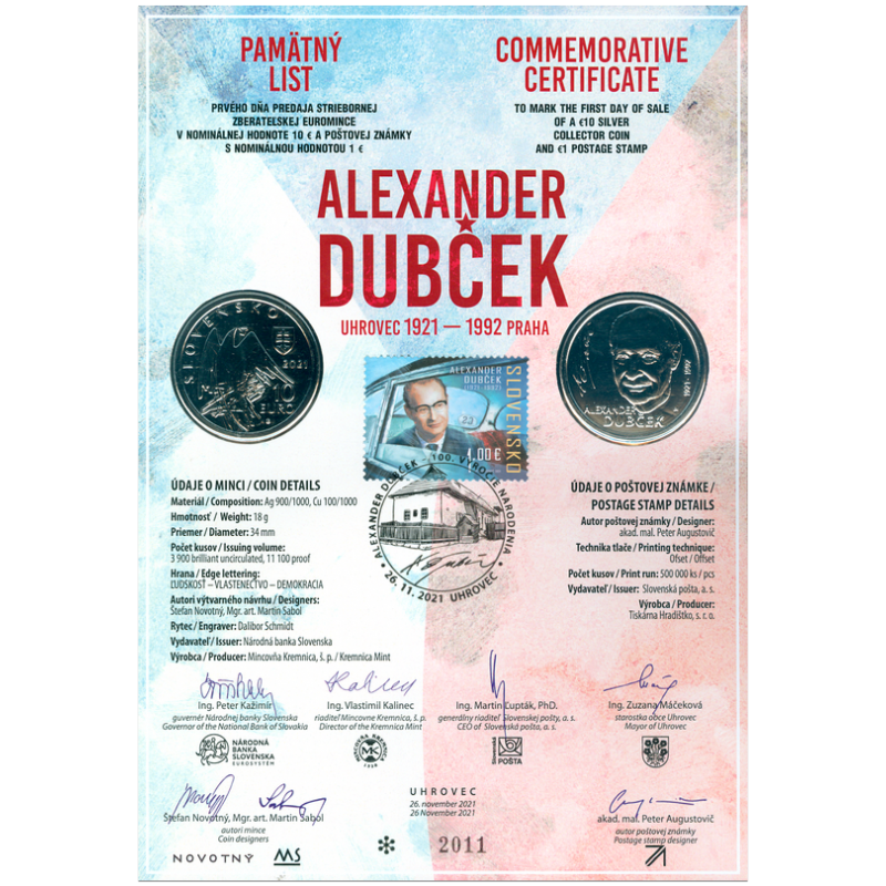 Numizmatický pamätný list: Osobnosti: Alexander Dubček